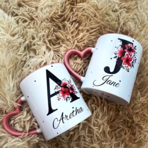 Personalized Monogram Floral Mug Set – The Perfect Pair with Pink Heart Handles